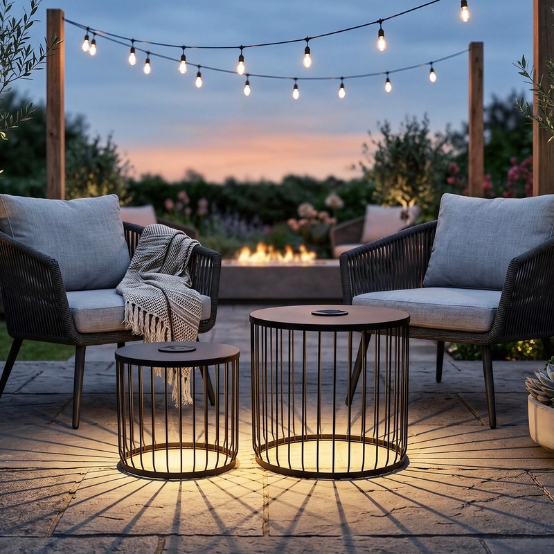 Outdoor Power Wire - Solar-Powered Round Side Tables with LED